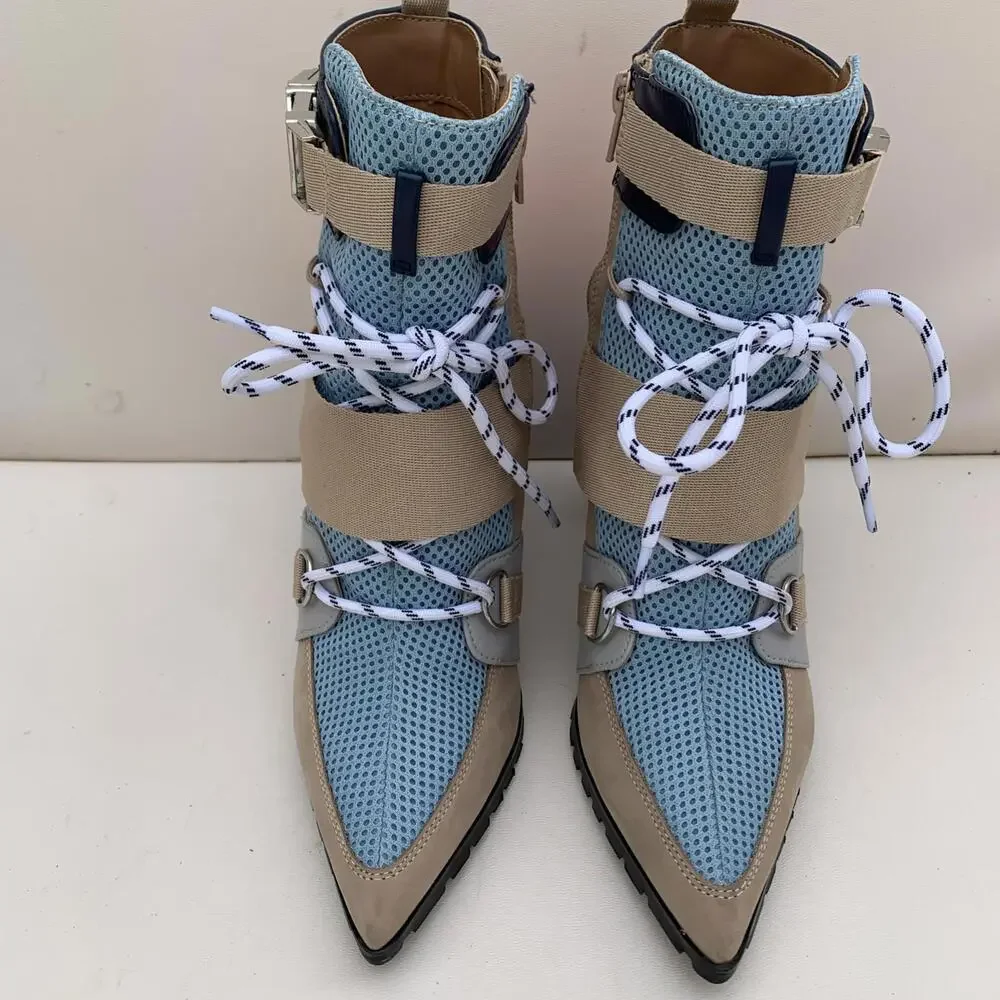 Steve Madden Illusion Pump Lace Up Boots Heels Womens Sz 8 Retro Y2k Orange Beig - Picture 3 of 13